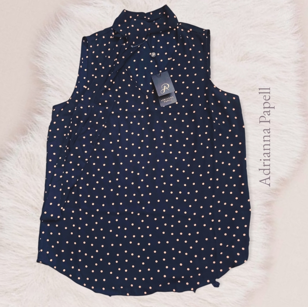 Adrianna Papell Sleeveless Polka Dot Tie Neck Blouse - Picture 12 of 15